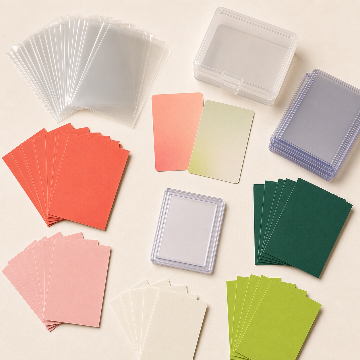 Clear, coral, pink, green, and cream card sleeves and rigid holders