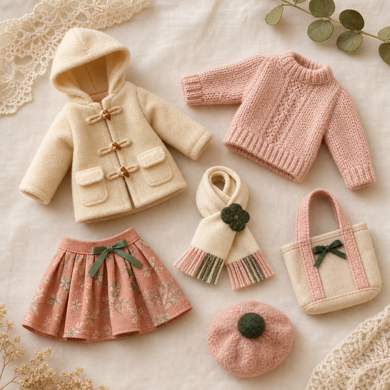 Miniature garments and soft accessories arranged in a flat lay