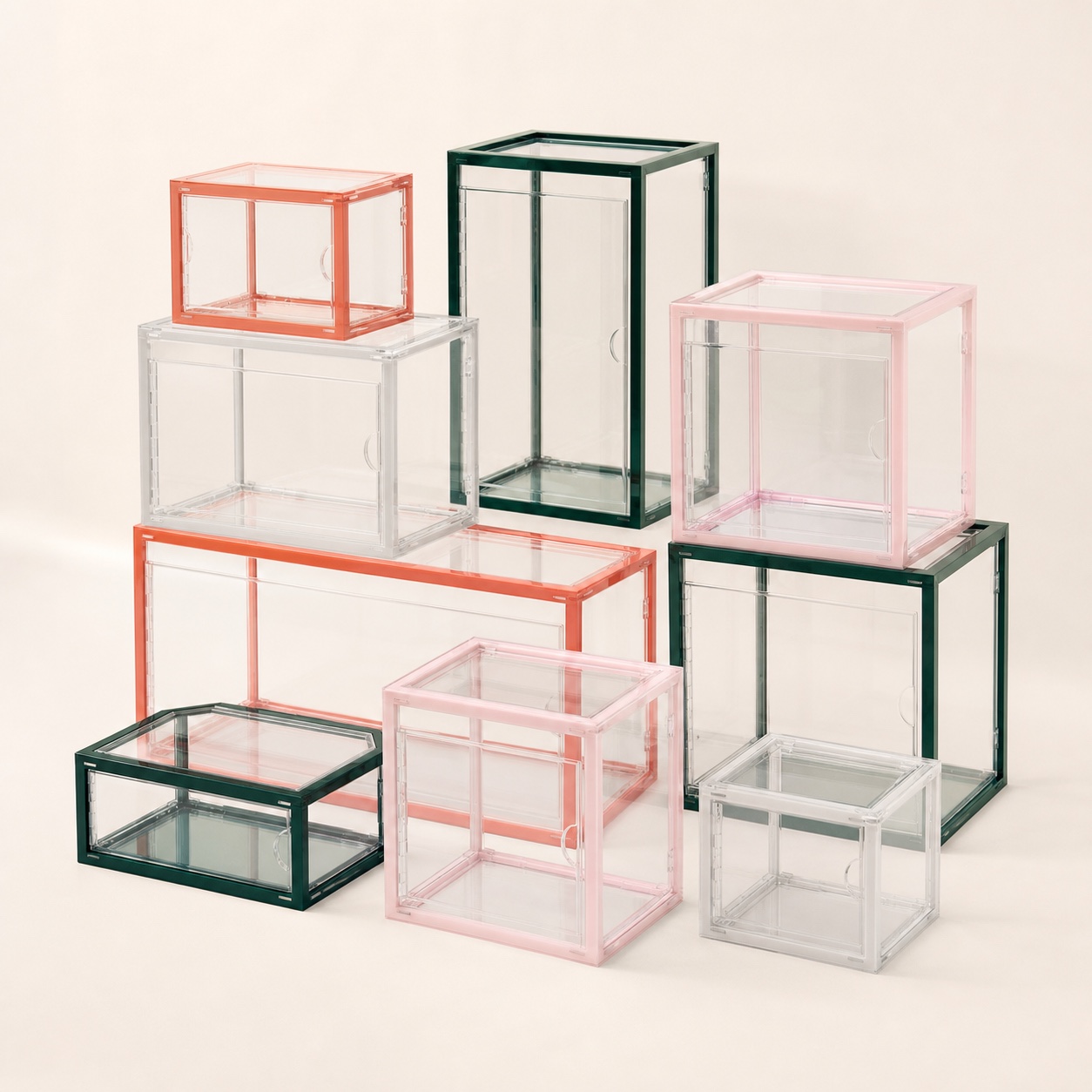 A collection of empty modular acrylic display cases